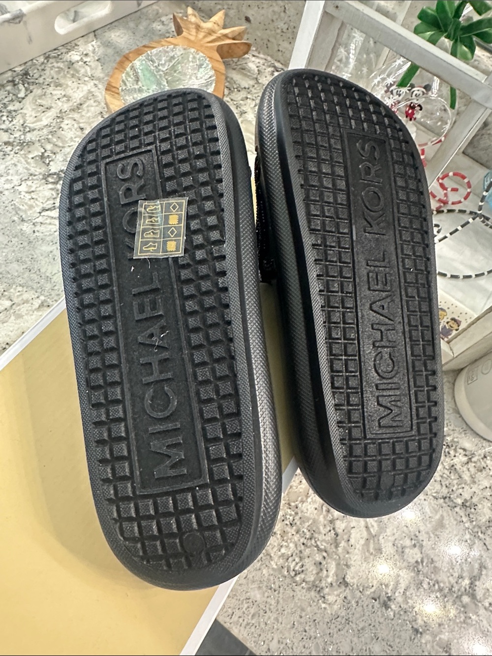 Brand NEW Michael Kors Black Crystal MK Logo Slide Sandals - Picture 3 of 3